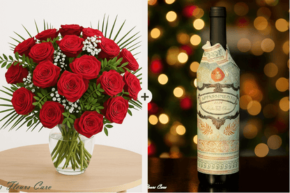 Coffret Plaisir - Bouquet de Roses Prosecco/Vin Italien
