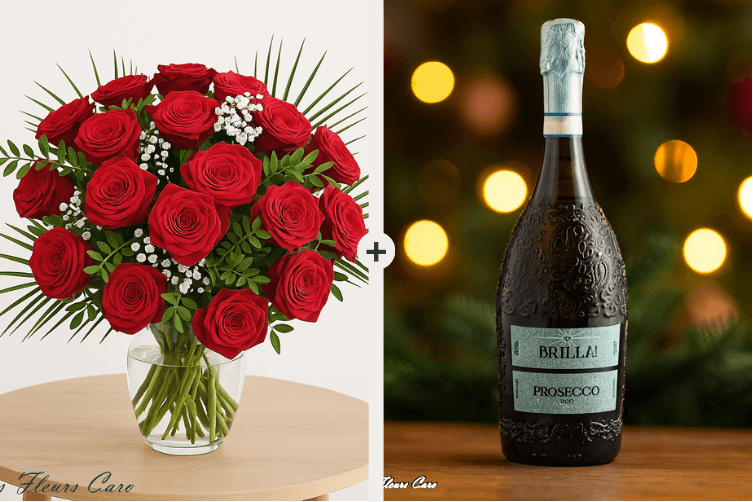 Coffret Plaisir - Bouquet de Roses Prosecco/Vin Italien